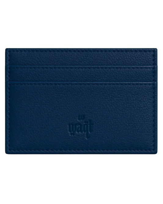Navy Waqt card wallet with multiple card slots and sleek design, made from durable material, shown open with cards inside.