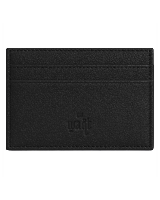 Black Waqt card holder wallet with sleek design and multiple card slots, shown with open and closed views.