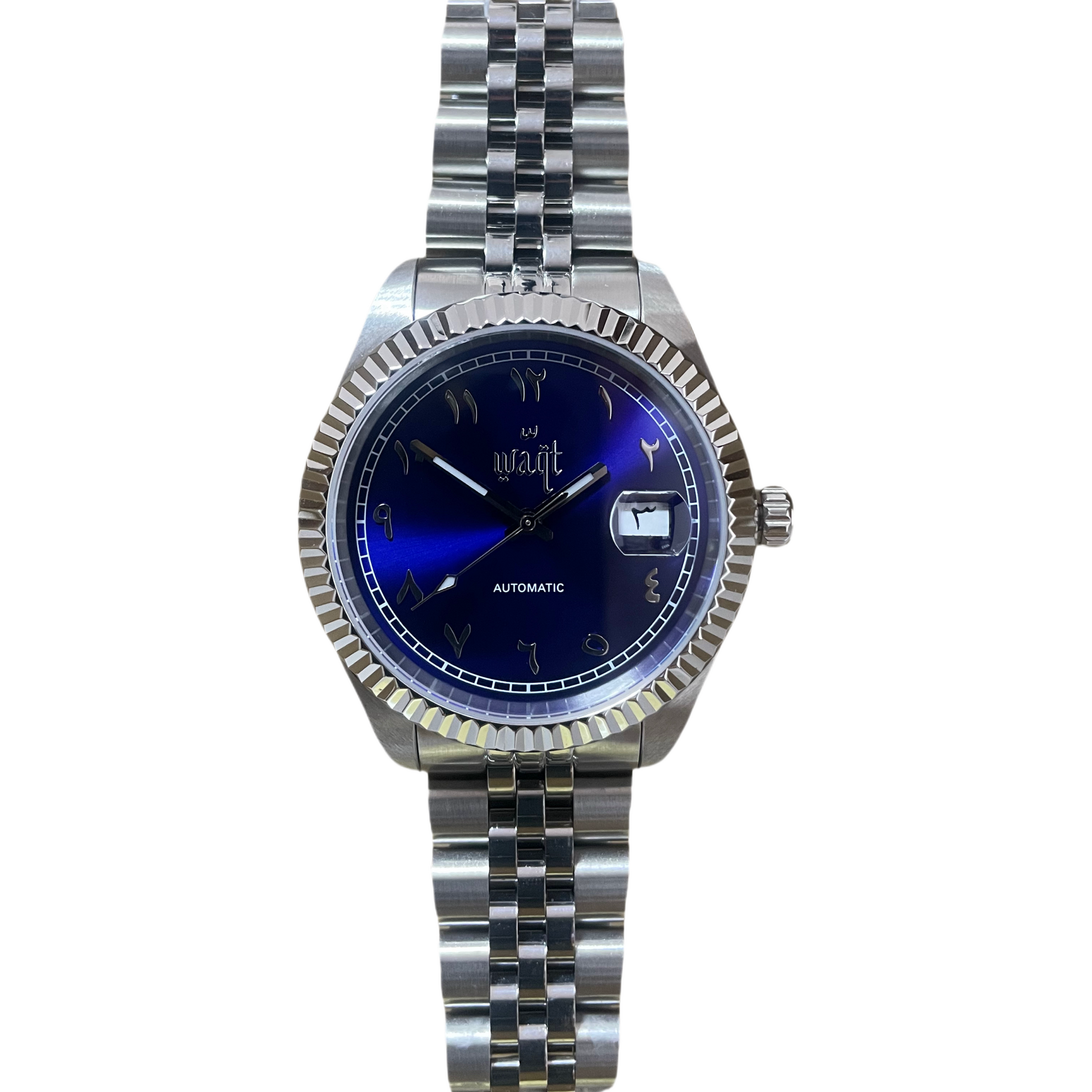 Luxury Ocean Blue watch with Arabic numerals, date wheel, and automatic movement – front view