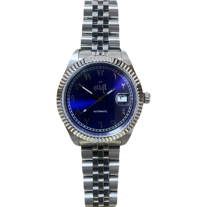 Luxury Ocean Blue watch with Arabic numerals, date wheel, and automatic movement – front view