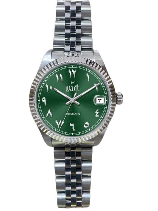 Luxury Emerald Green watch with Arabic numerals, date wheel, and automatic movement – front view