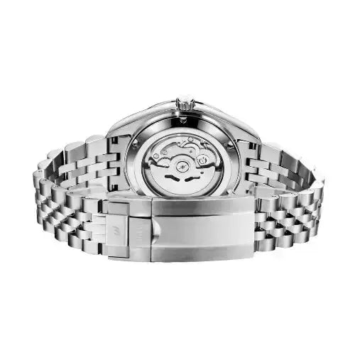 Vue arrière de la montre Waqt, mettant en valeur le mouvement automatique apparent et le logo gravé sur le fermoir.